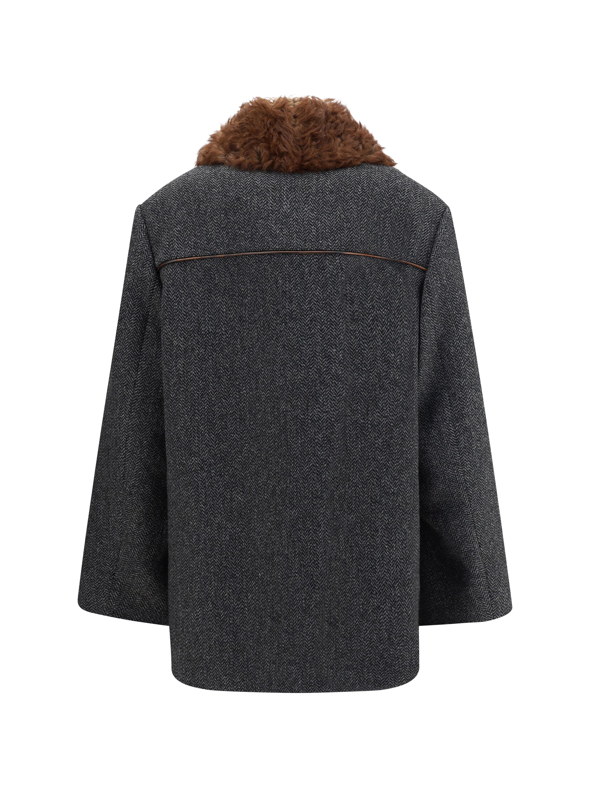 PRADA 36 double-breasted caban with a shearling trim