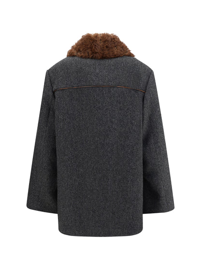 PRADA 36 double-breasted caban with a shearling trim