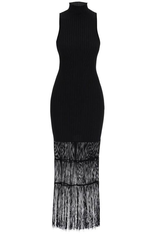 "ribbed knit dress with fringe details"