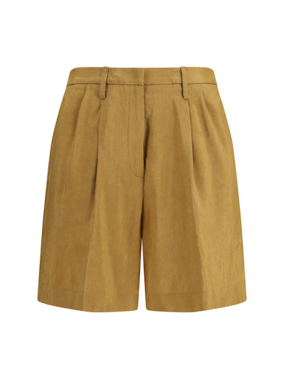 slubbed linen and viscose bermuda pants with hook and zip closure