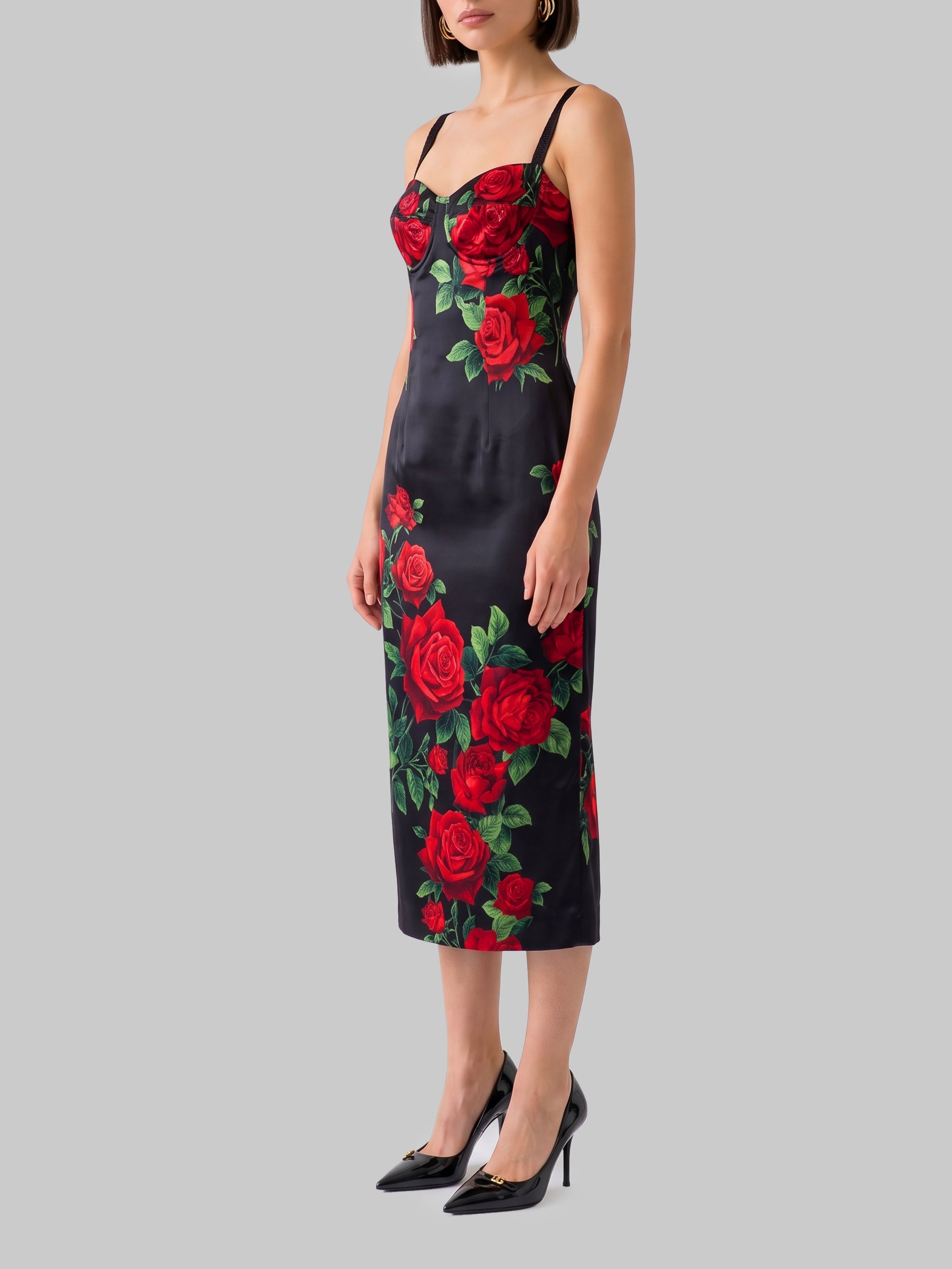 midi dress in rose-print satin