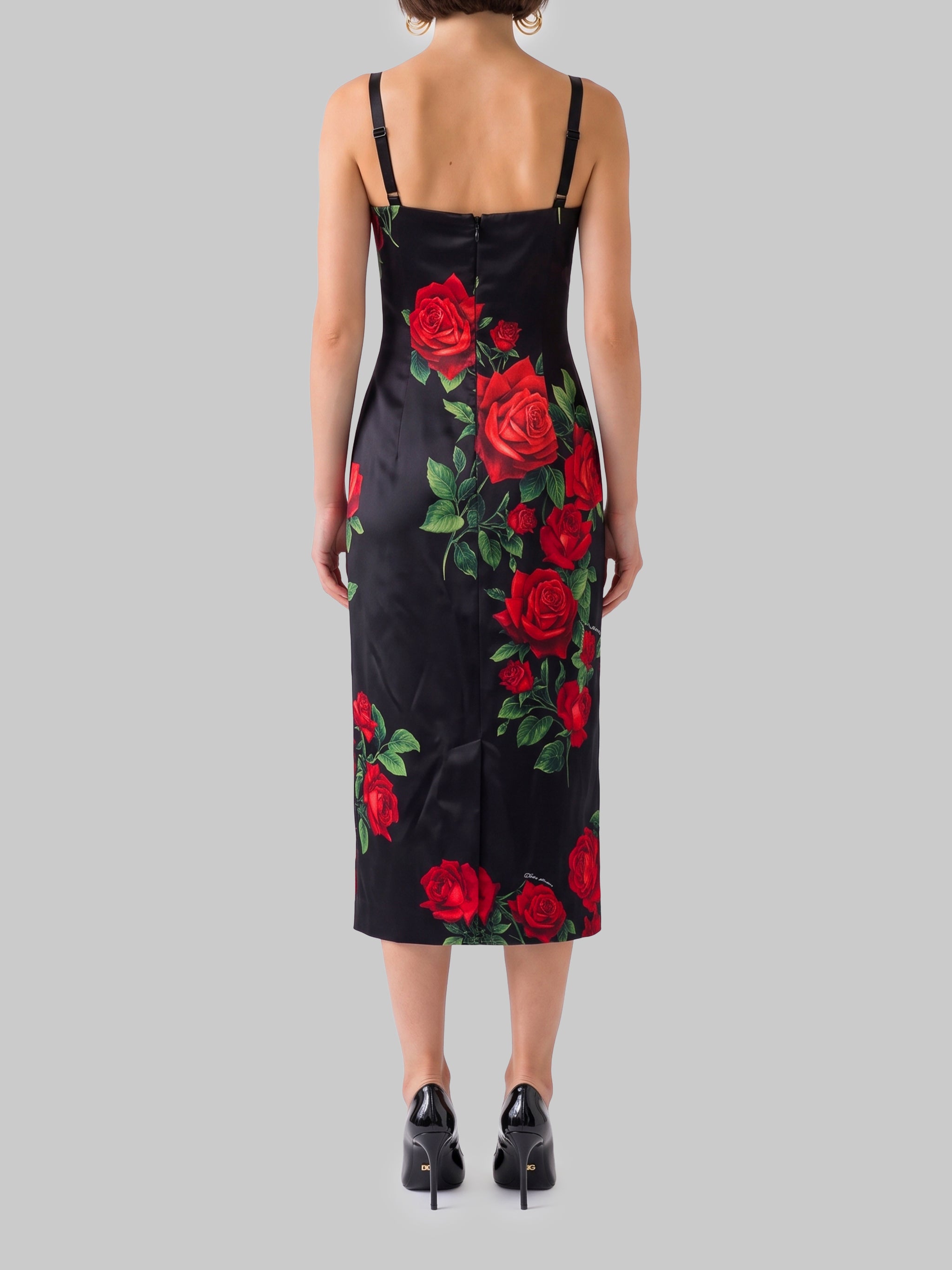 midi dress in rose-print satin