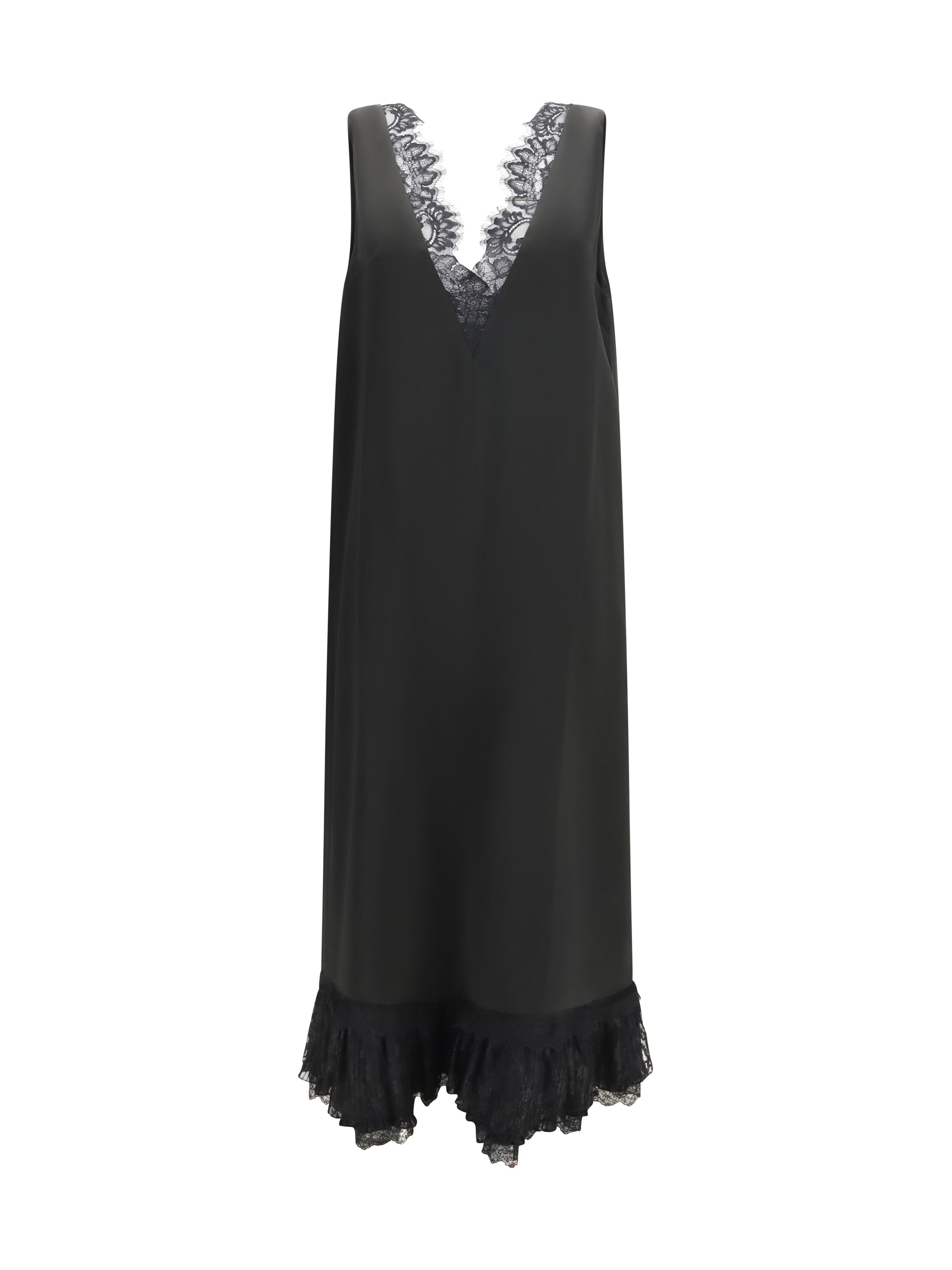 lace-trimmed satin long dress
