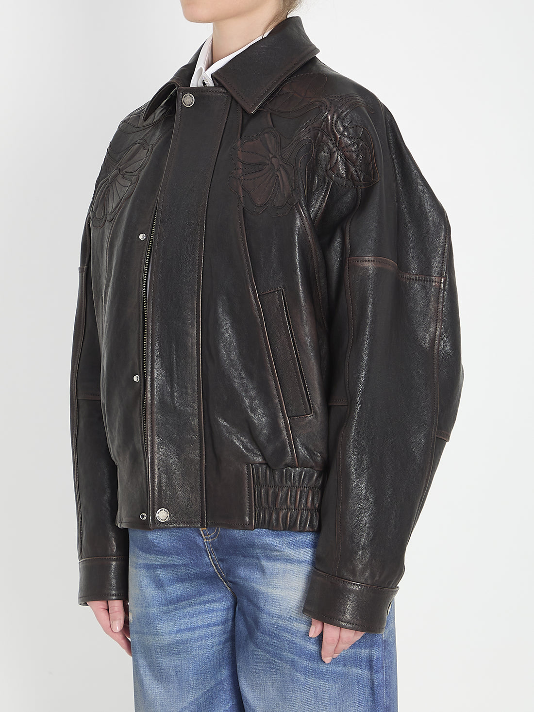 GOLDEN GOOSE 40 leather bomber jacket with floral embroidery