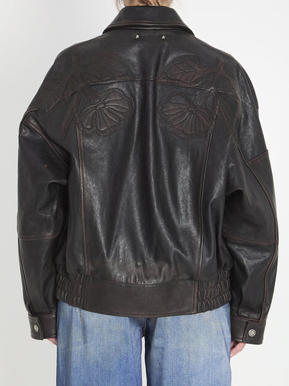 GOLDEN GOOSE 40 leather bomber jacket with floral embroidery