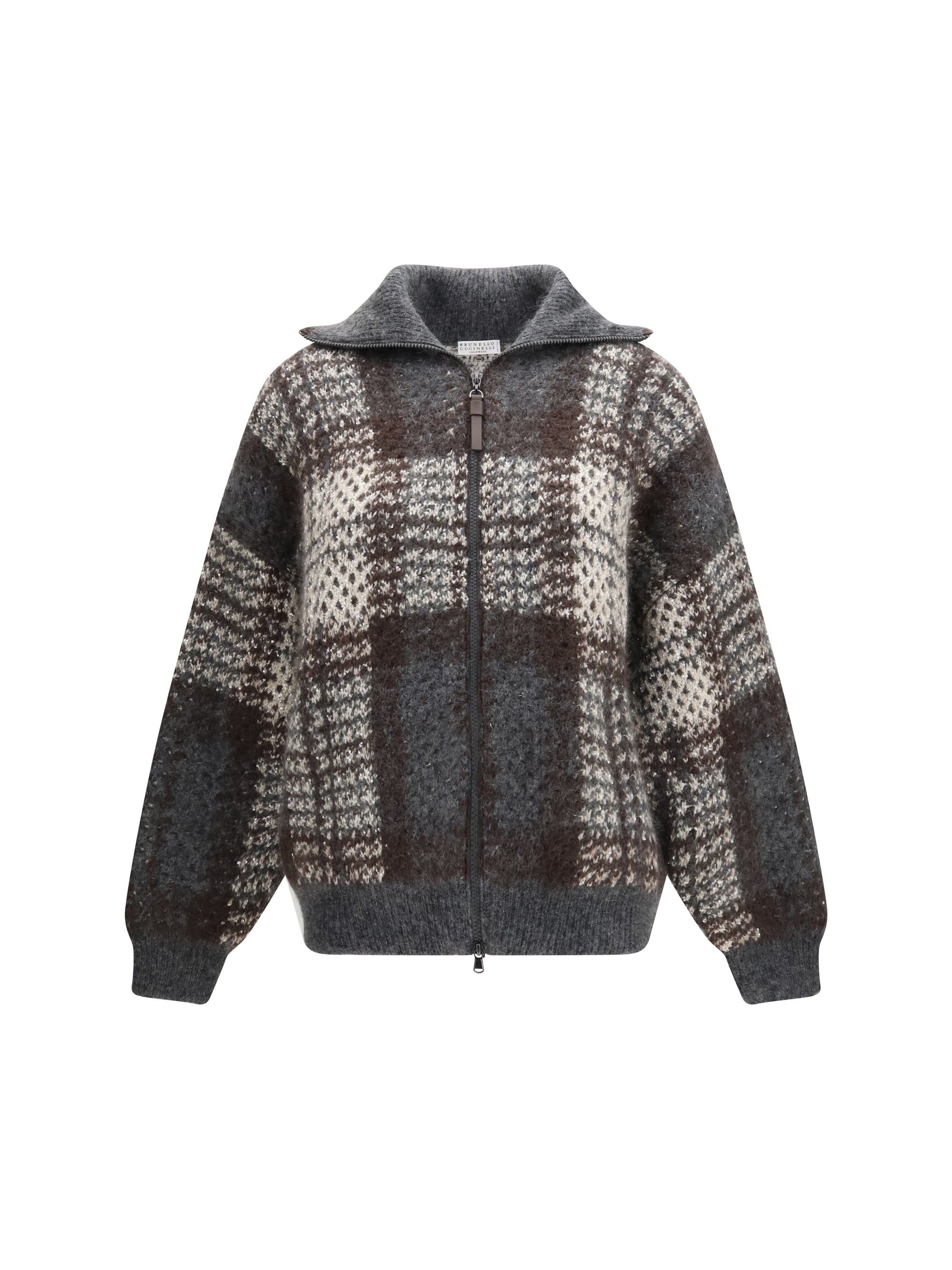 checked wool zip cardigan