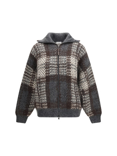 checked wool zip cardigan