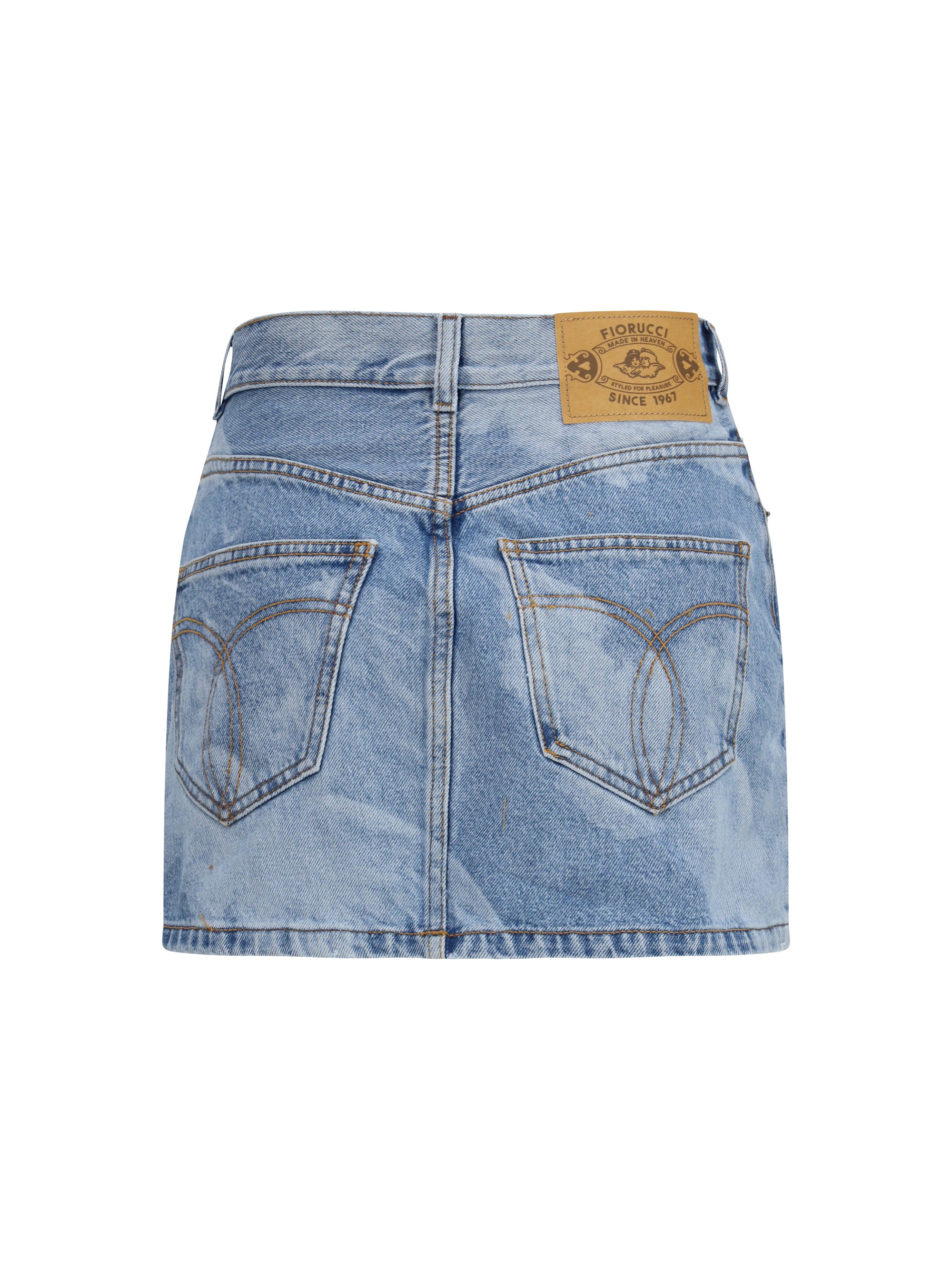 angel-print denim mini skirt