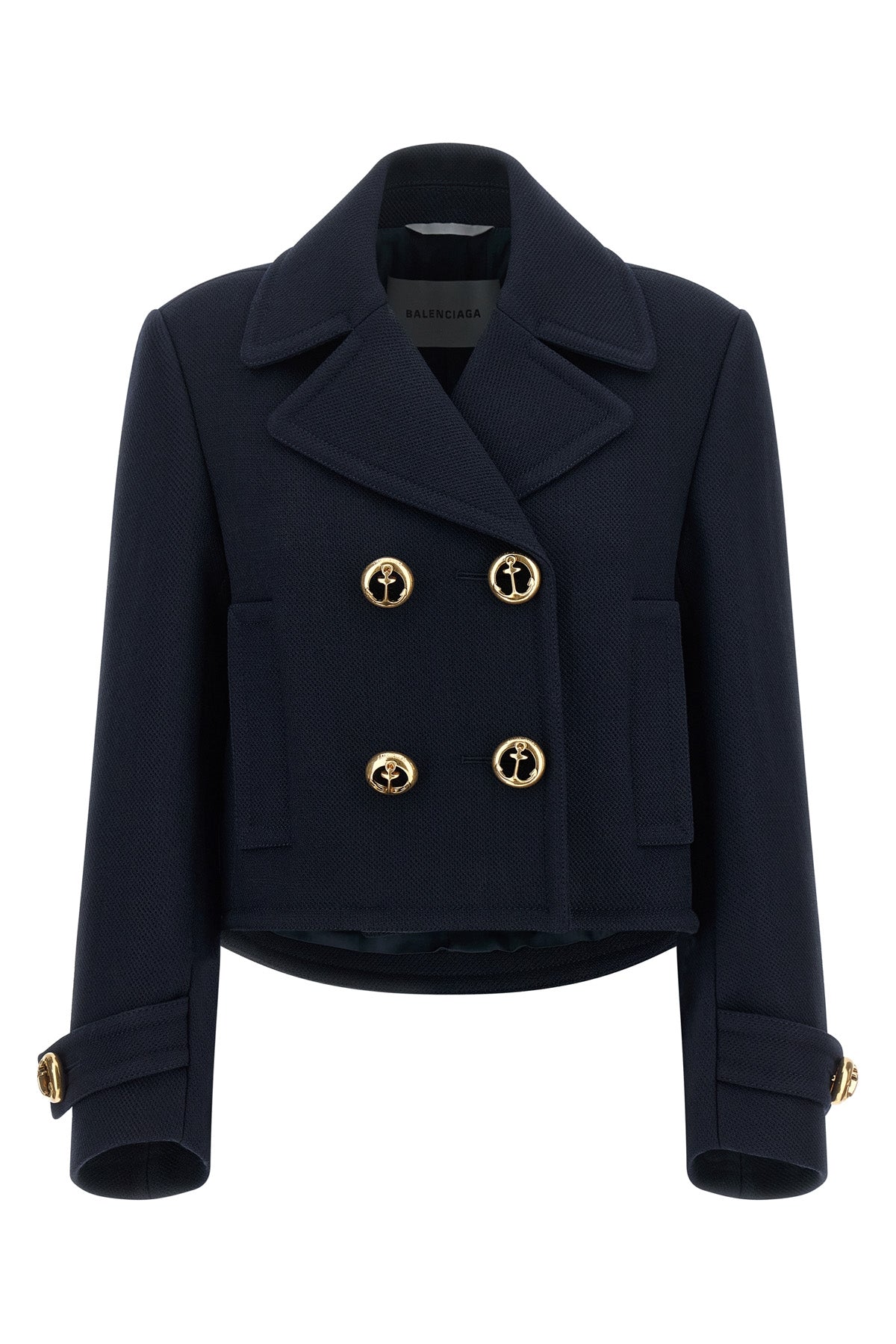the balenciaga peacoat cropped in navy structured wool reinterprets the codes of