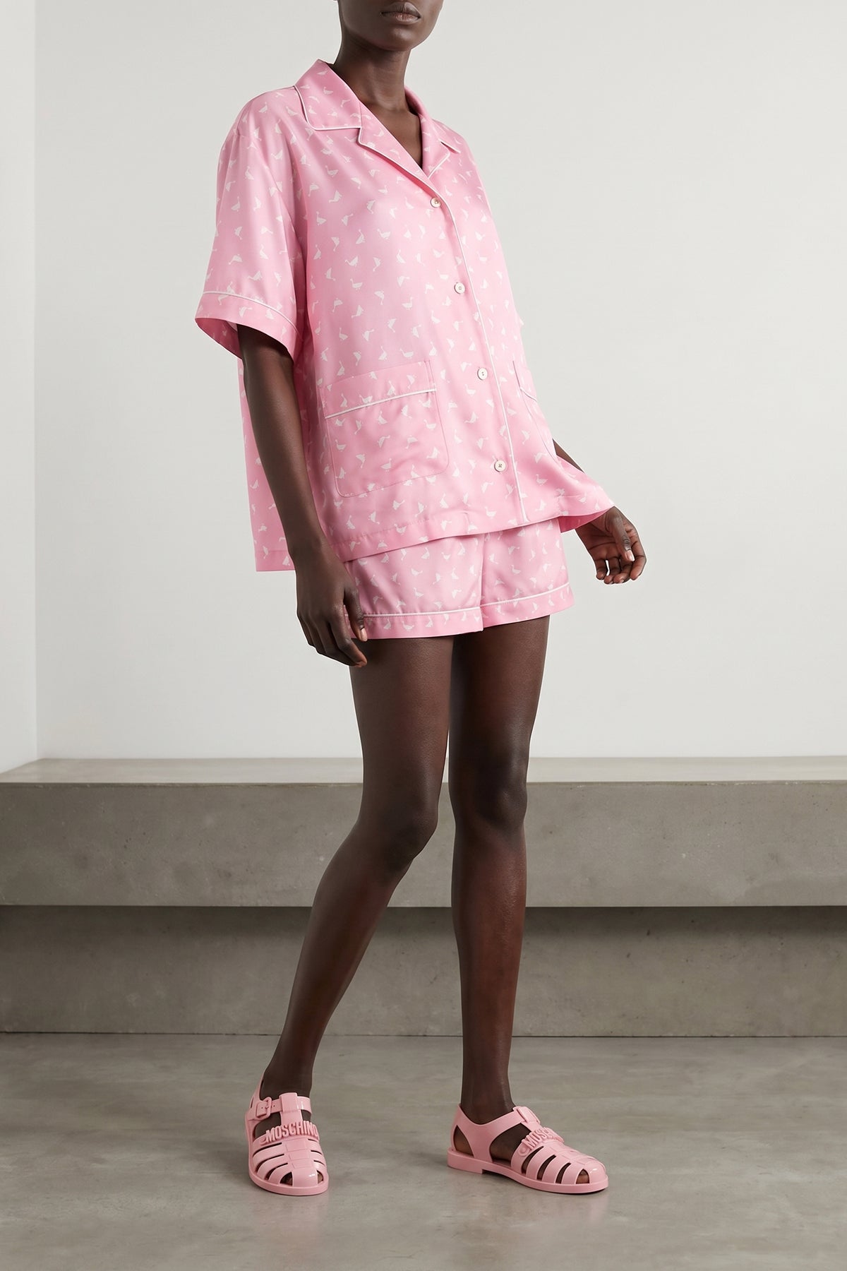 all-over goose print silk twill shirt