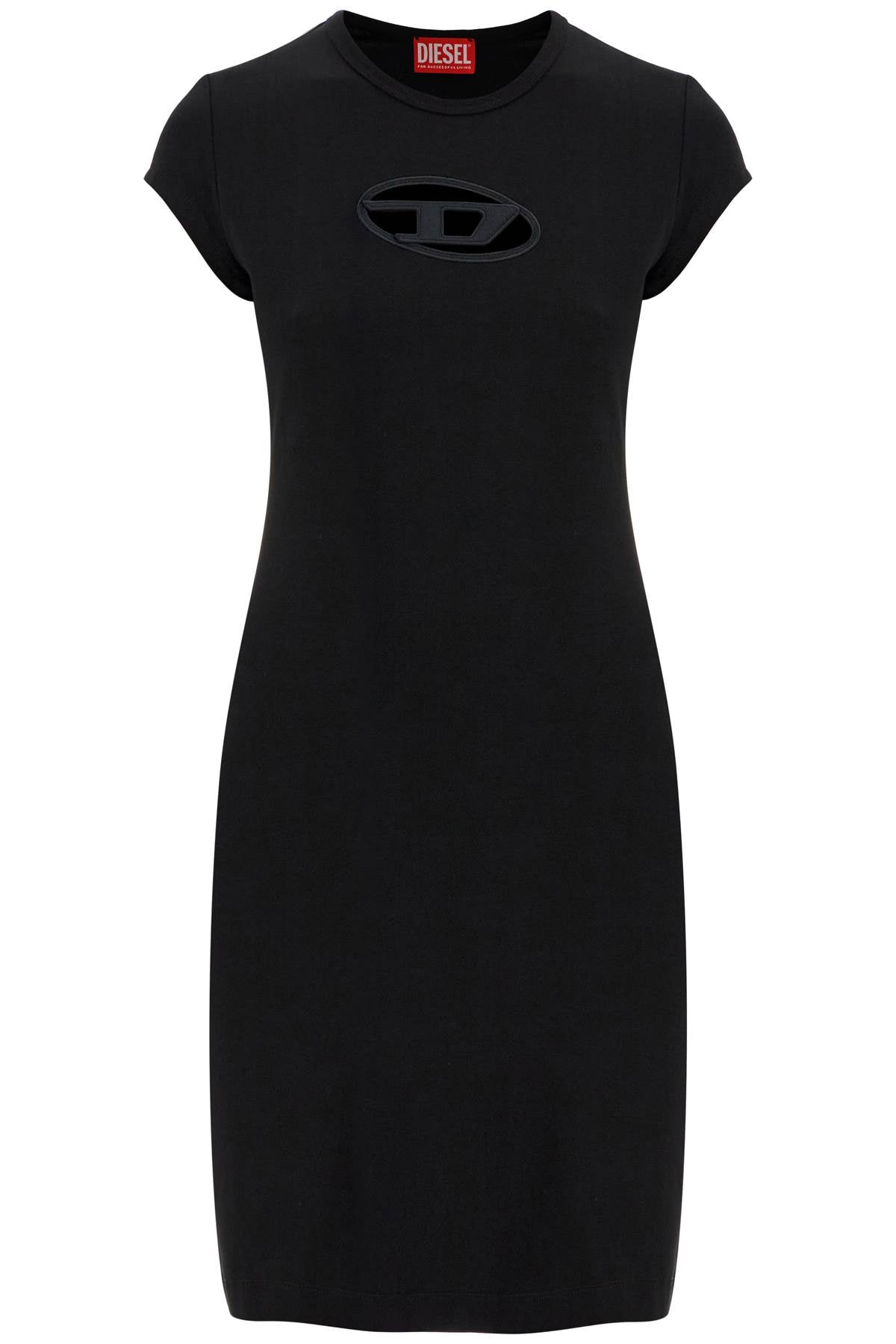 black cotton dress with central opening above the knee