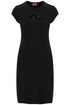 black cotton dress with central opening above the knee