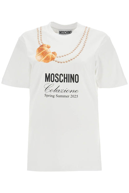 white cotton t-shirt with croissant and pearls print