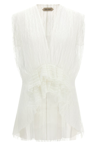 the alberta ferretti tulle top stands out for its ethereal and asymmetrical silh