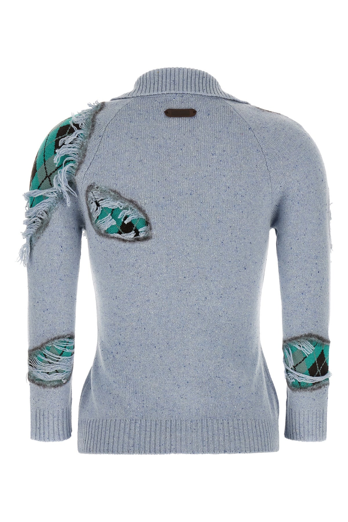 the moschino distressed argyle cardigan in mélange blue redefines classic knit