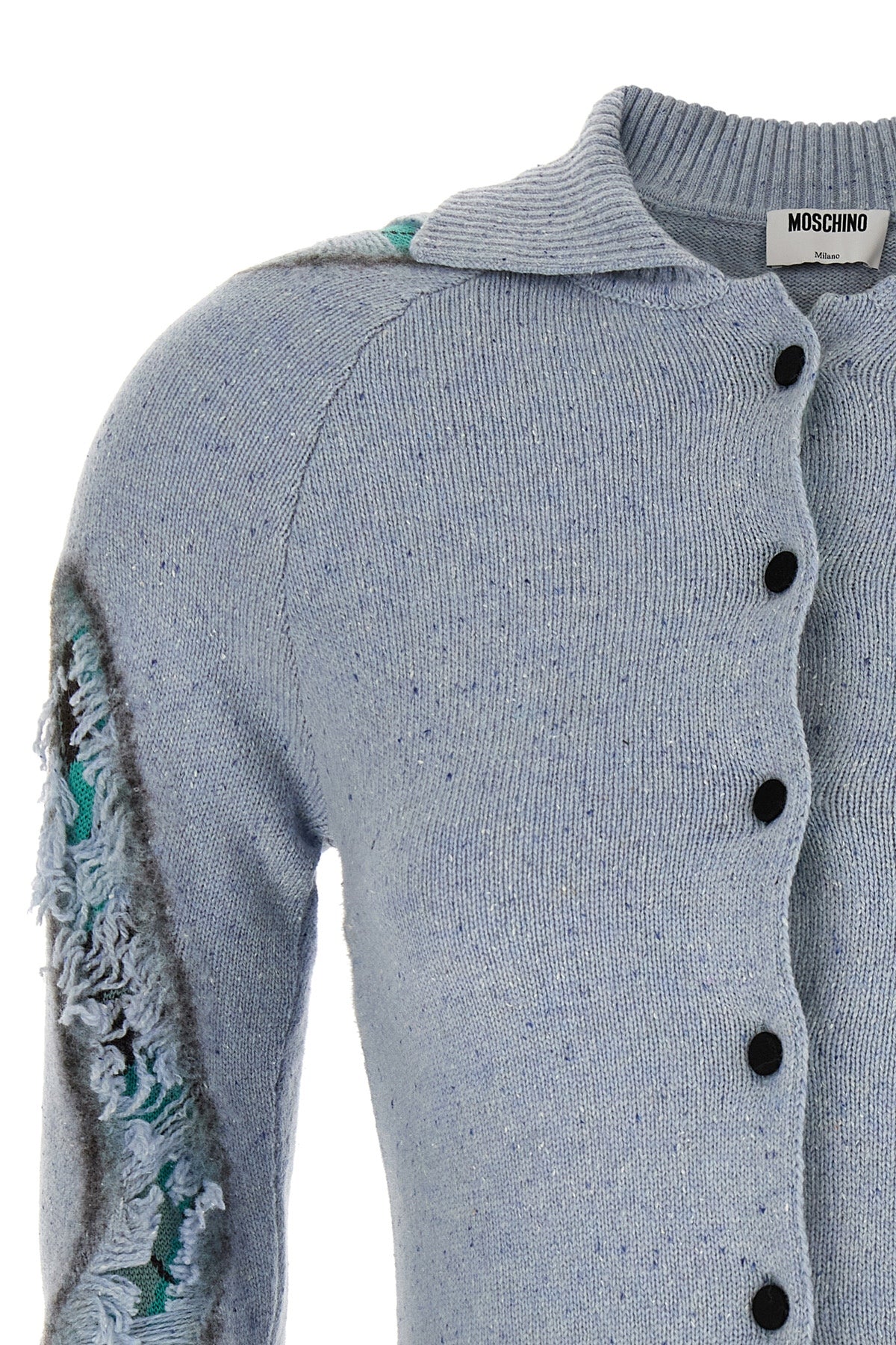 the moschino distressed argyle cardigan in mélange blue redefines classic knit