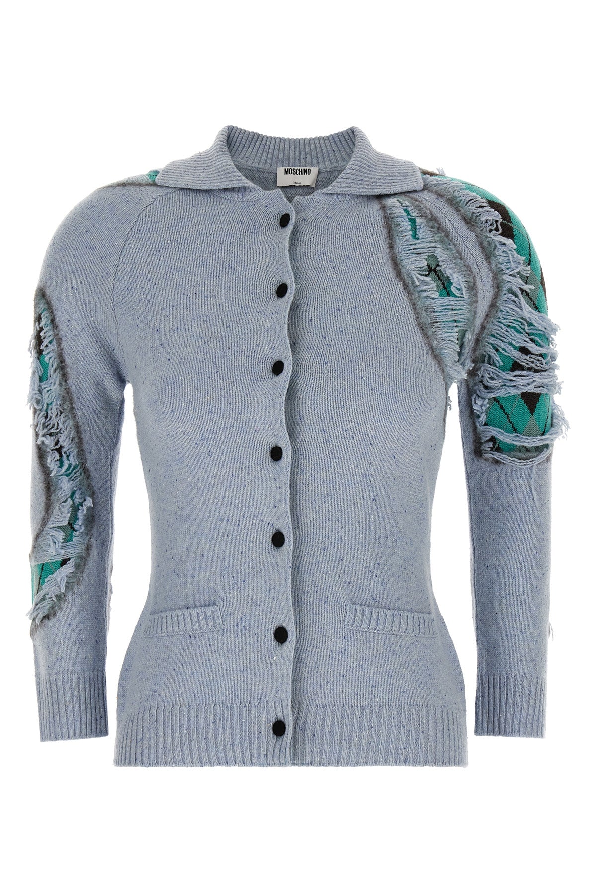 the moschino distressed argyle cardigan in mélange blue redefines classic knit