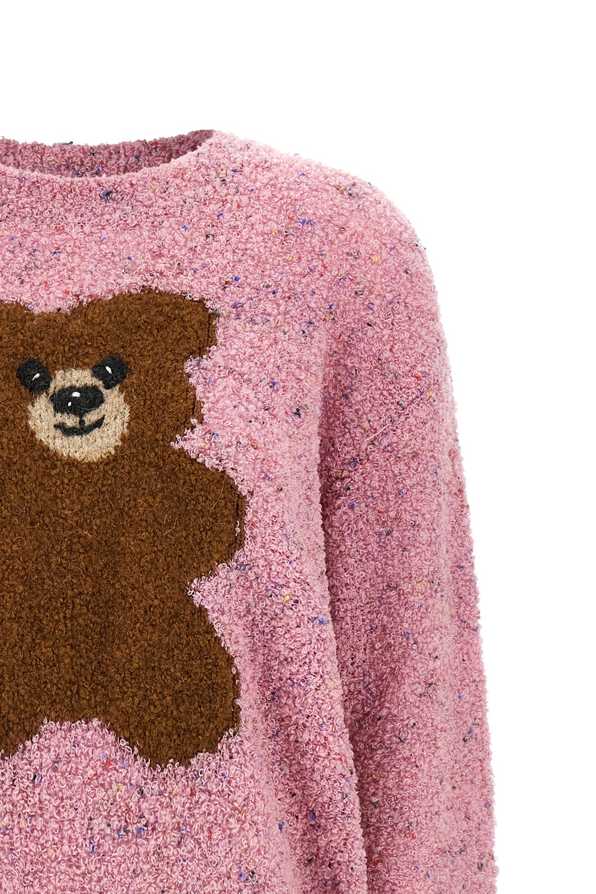 the moschino teddy bear jersey stands out for a complex bouclé workmanship that