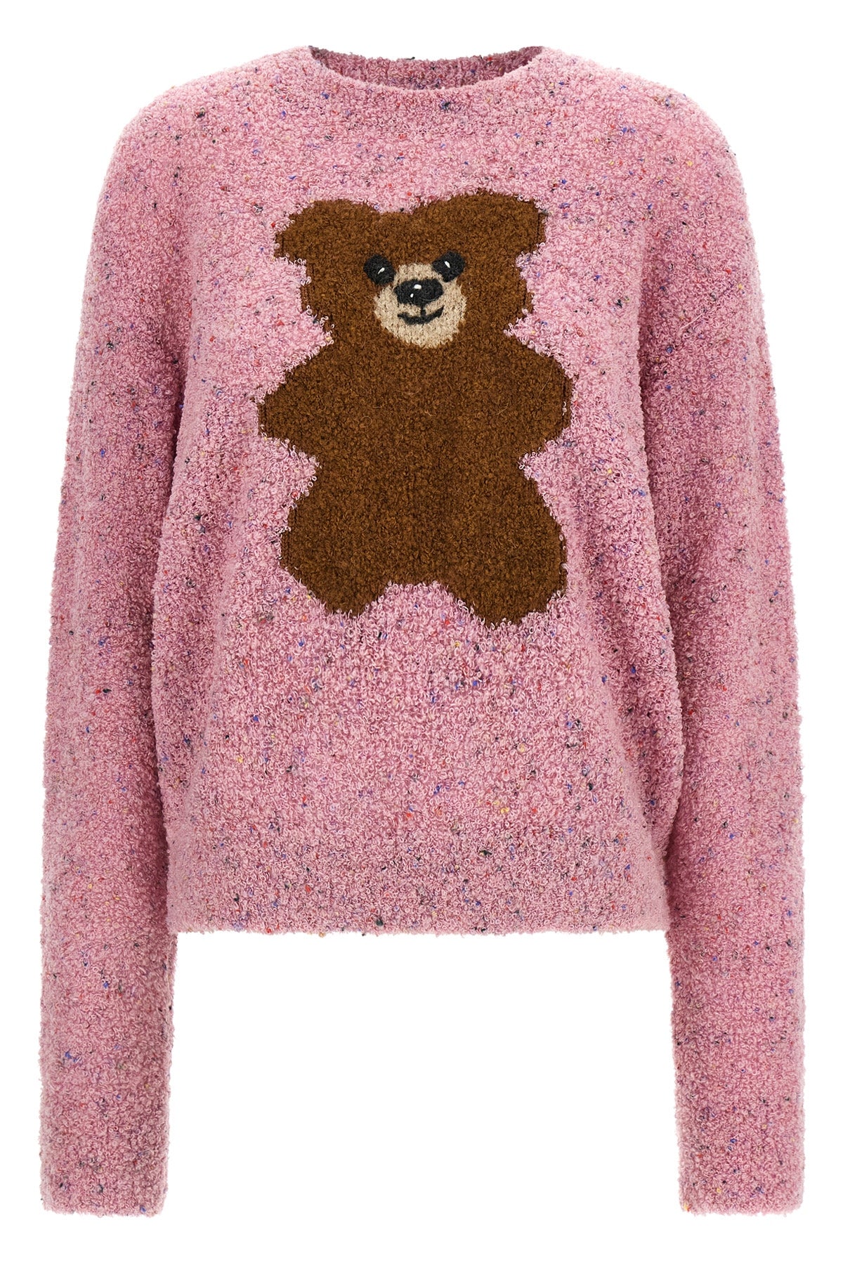 the moschino teddy bear jersey stands out for a complex bouclé workmanship that