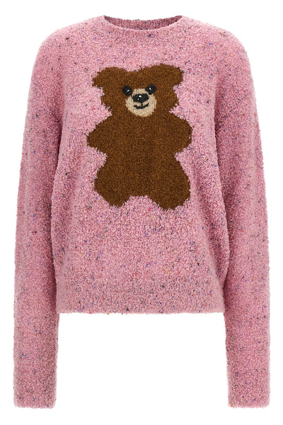the moschino teddy bear jersey stands out for a complex bouclé workmanship that