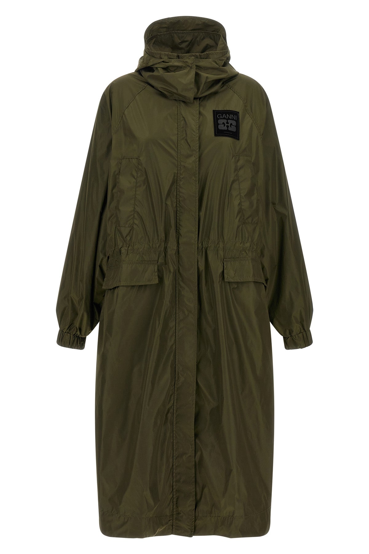 the ganni long windbreaker redefines the volumes of contemporary outerwear throu