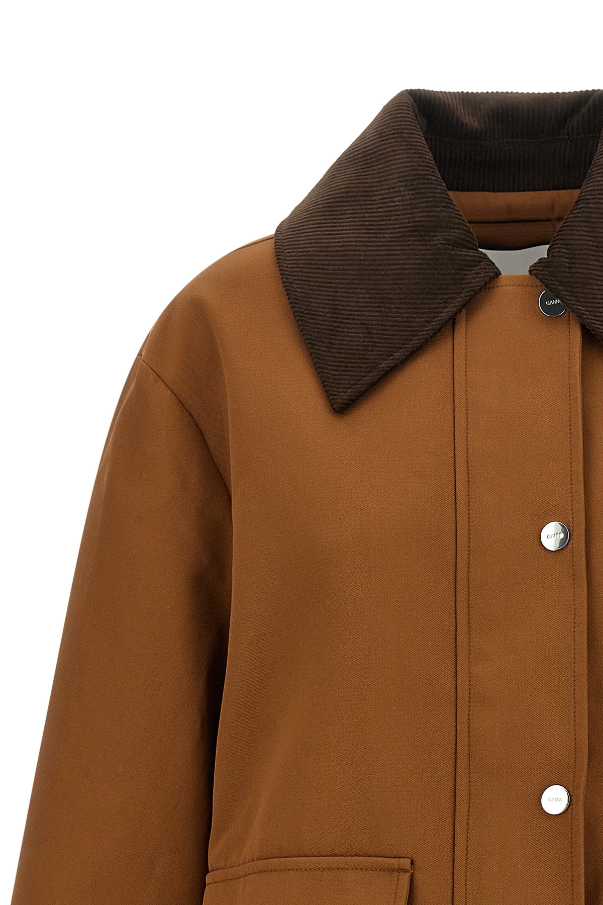 the ganni jacket reinterprets the workwear aesthetic through sartorial volumes a
