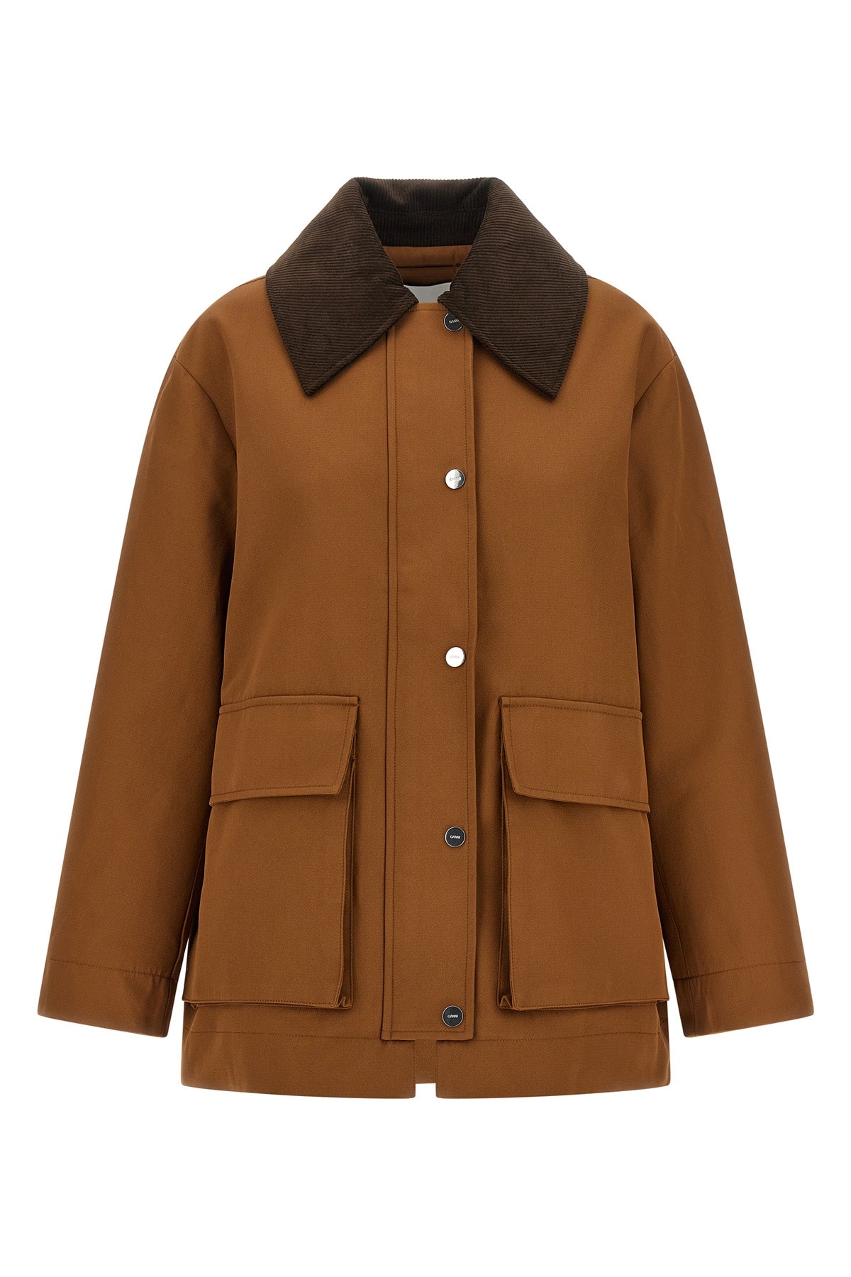 the ganni jacket reinterprets the workwear aesthetic through sartorial volumes a