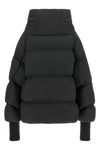 the black ganni down jacket is distinguished by a voluminous silhouette and asym