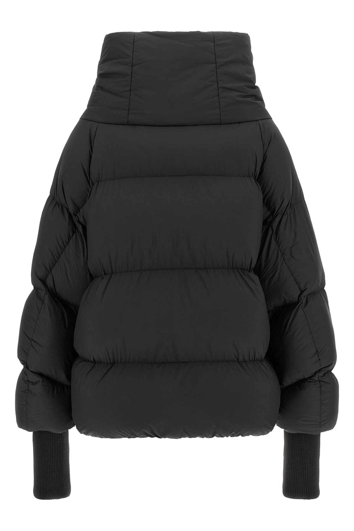 the black ganni down jacket is distinguished by a voluminous silhouette and asym