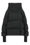 the black ganni down jacket is distinguished by a voluminous silhouette and asym