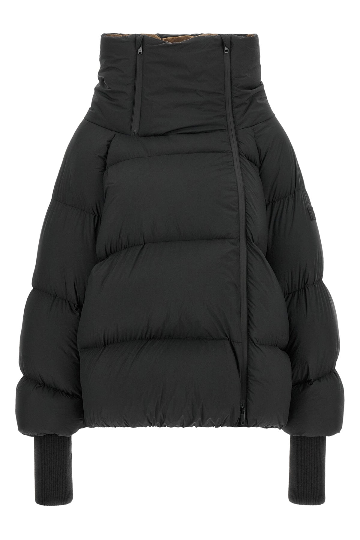 the black ganni down jacket is distinguished by a voluminous silhouette and asym