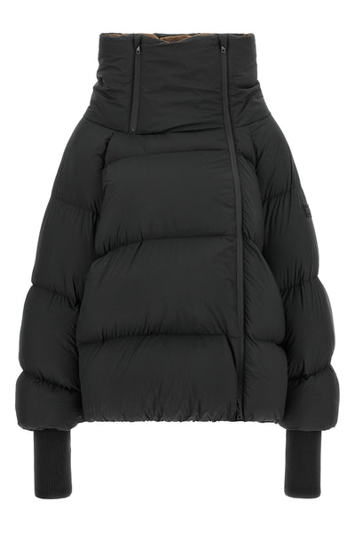 the black ganni down jacket is distinguished by a voluminous silhouette and asym