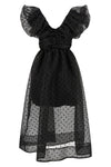 black organza ruched midi dress in semi-transparent polka dot organza