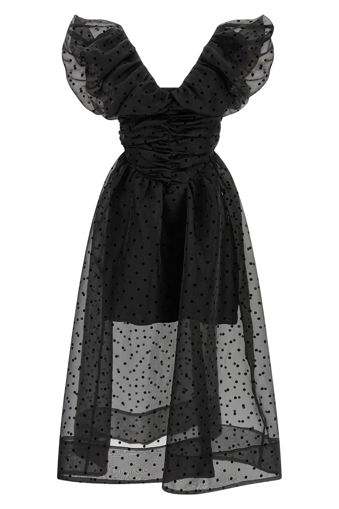 GANNI 34 black organza ruched midi dress in semi-transparent polka dot organza