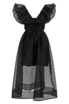 black organza ruched midi dress in semi-transparent polka dot organza