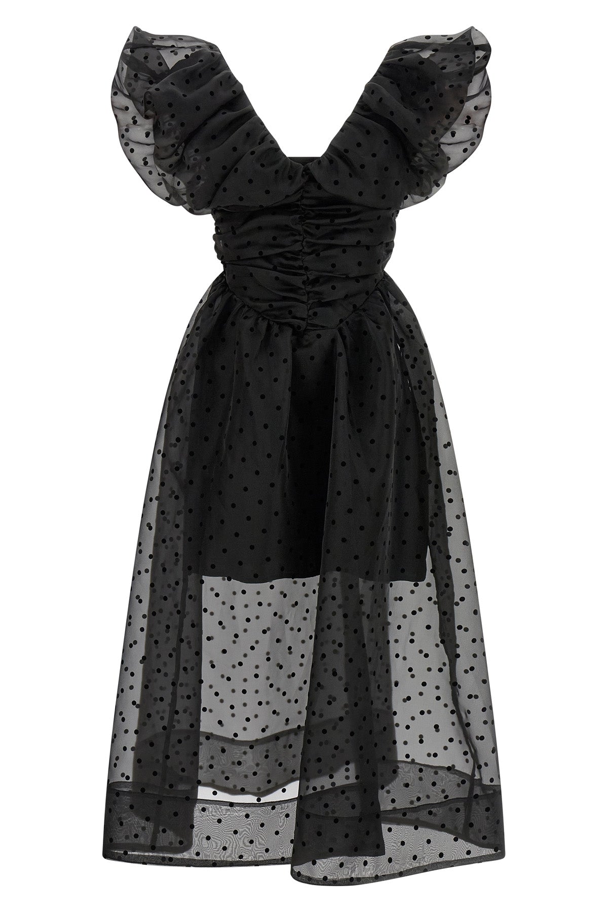 black organza ruched midi dress in semi-transparent polka dot organza