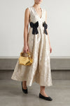 cloque v-neck maxi dress in brocade jacquard fabric