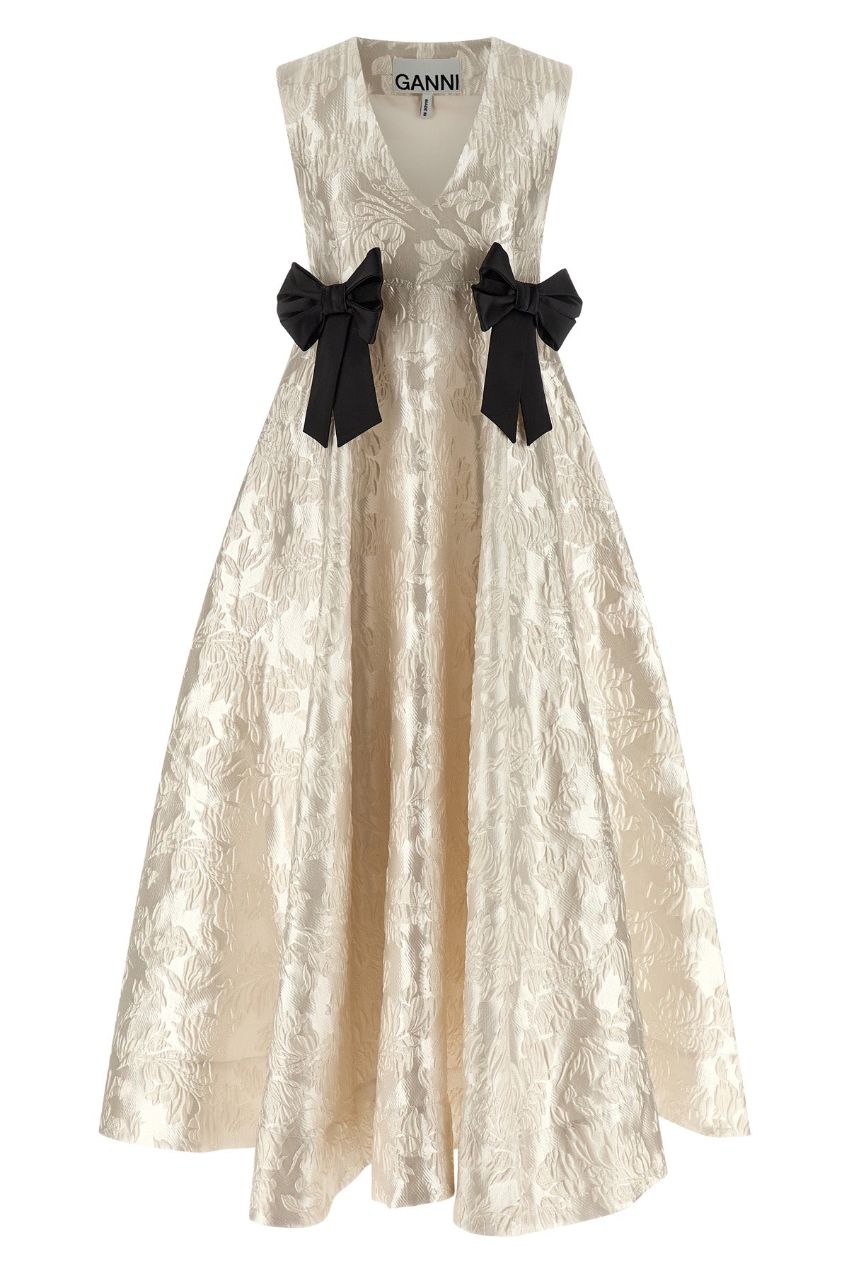 cloque v-neck maxi dress in brocade jacquard fabric