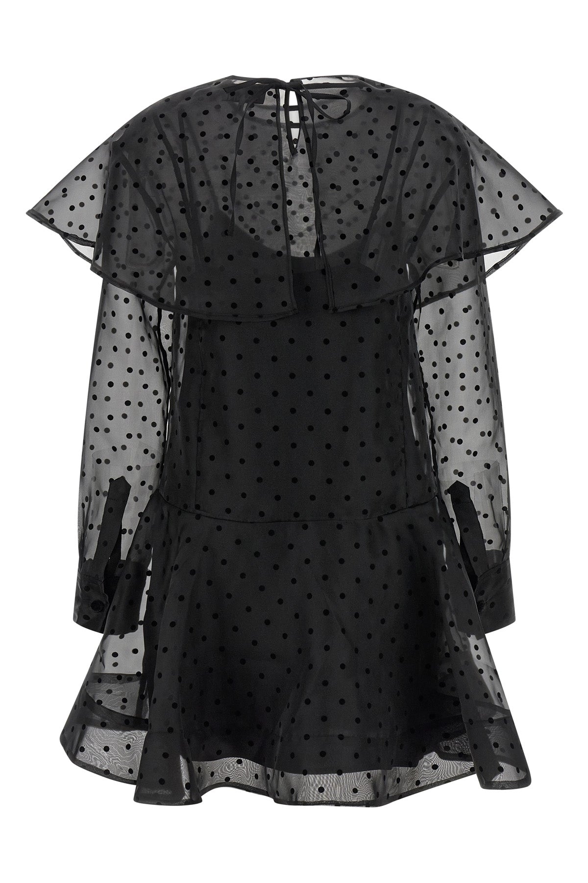 black organza circle collar minidress in semi-transparent polka dot organza