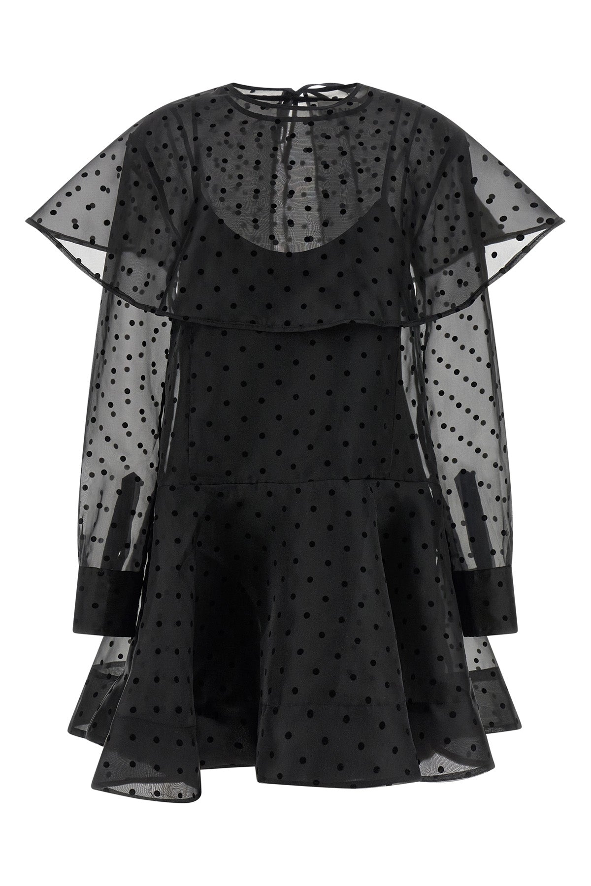black organza circle collar minidress in semi-transparent polka dot organza