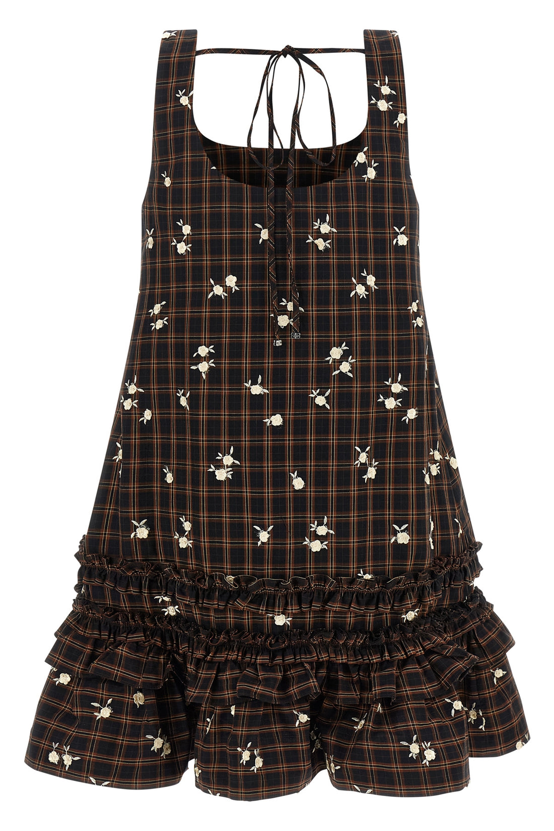 GANNI 34 gannis check flower mini dress features a structured a-shaped silhouette