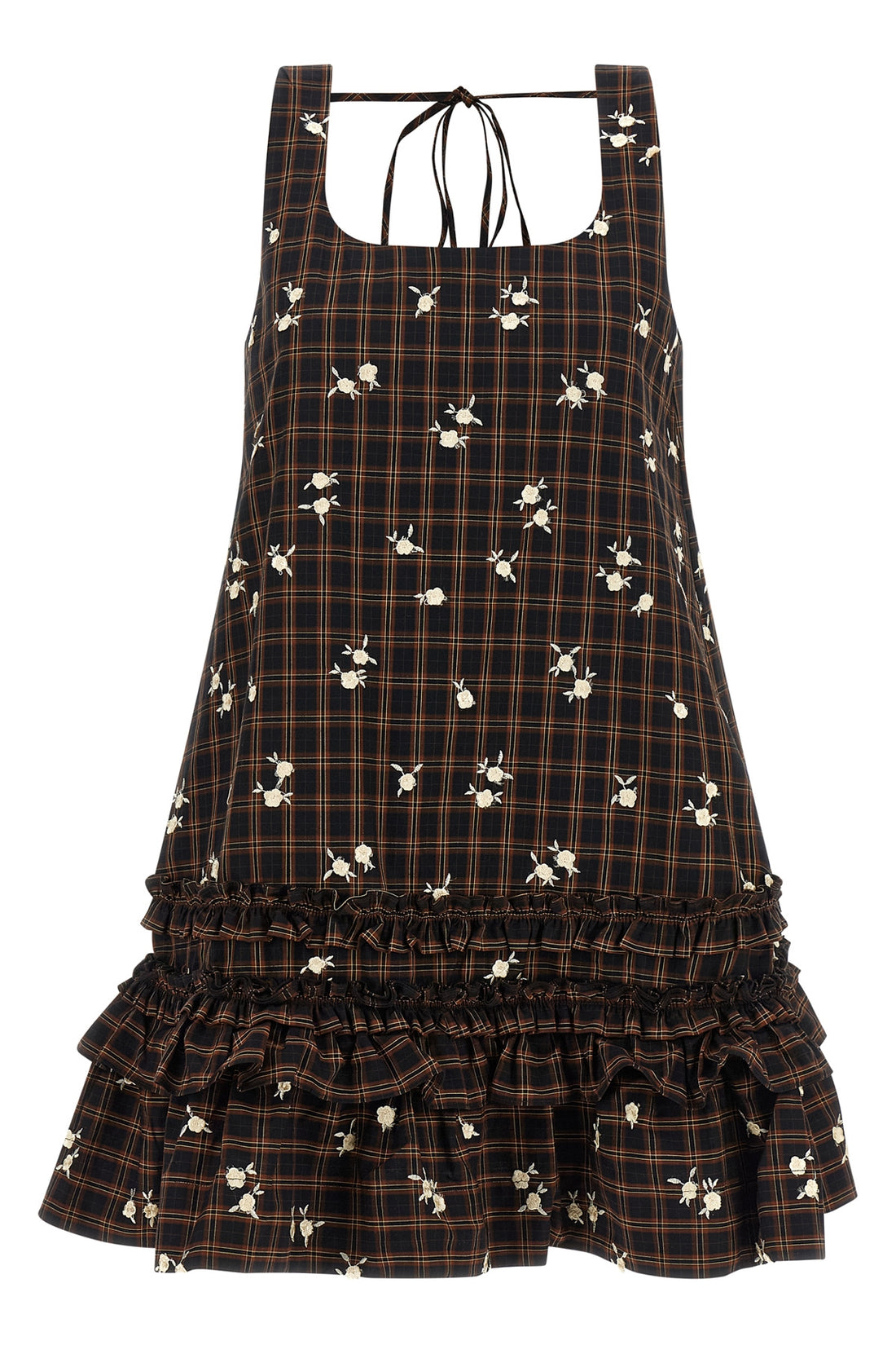 GANNI 34 gannis check flower mini dress features a structured a-shaped silhouette