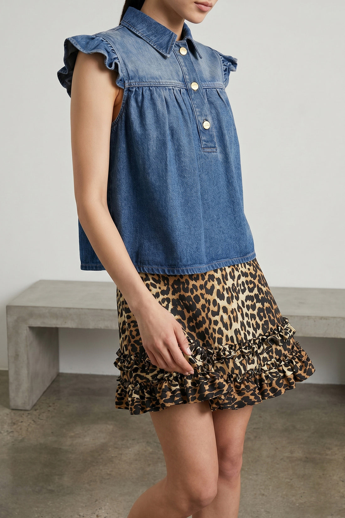 GANNI 34 denim ruffle top in denim-effect tencel(tm) lyocell fabric