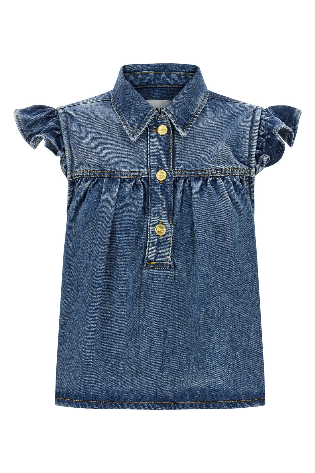 GANNI 34 denim ruffle top in denim-effect tencel(tm) lyocell fabric