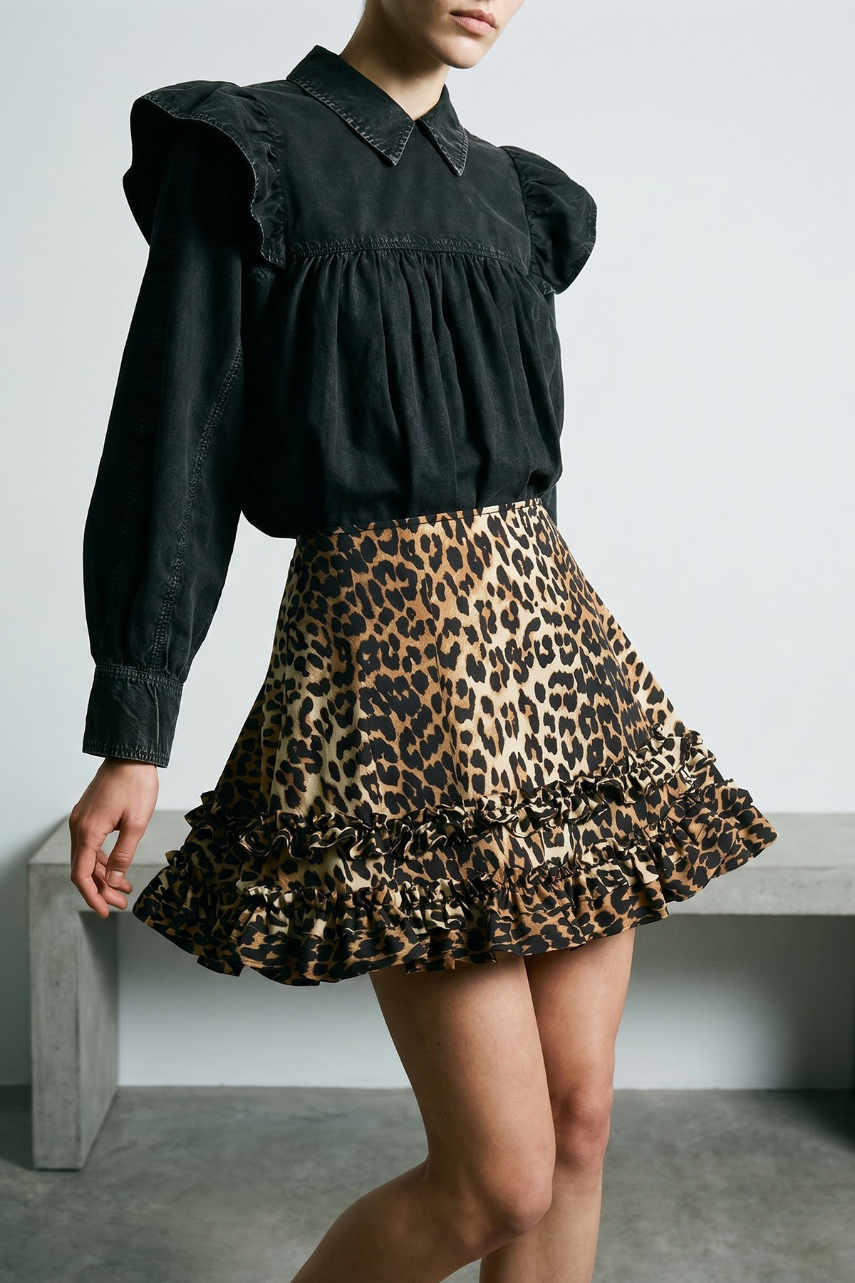 black washed frill cotton blouse dyed in a délavé effect garment