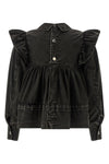 black washed frill cotton blouse dyed in a délavé effect garment