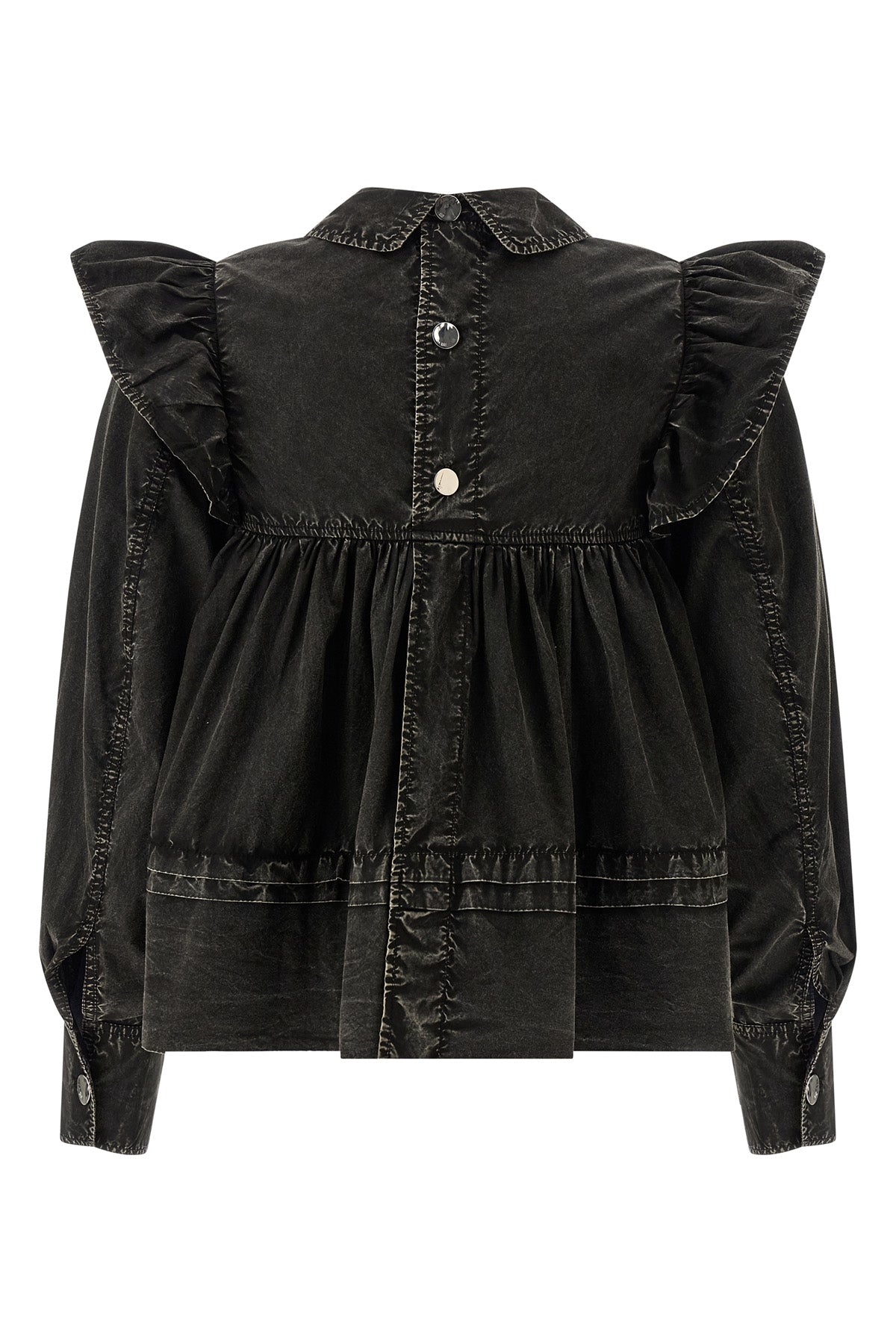 black washed frill cotton blouse dyed in a délavé effect garment