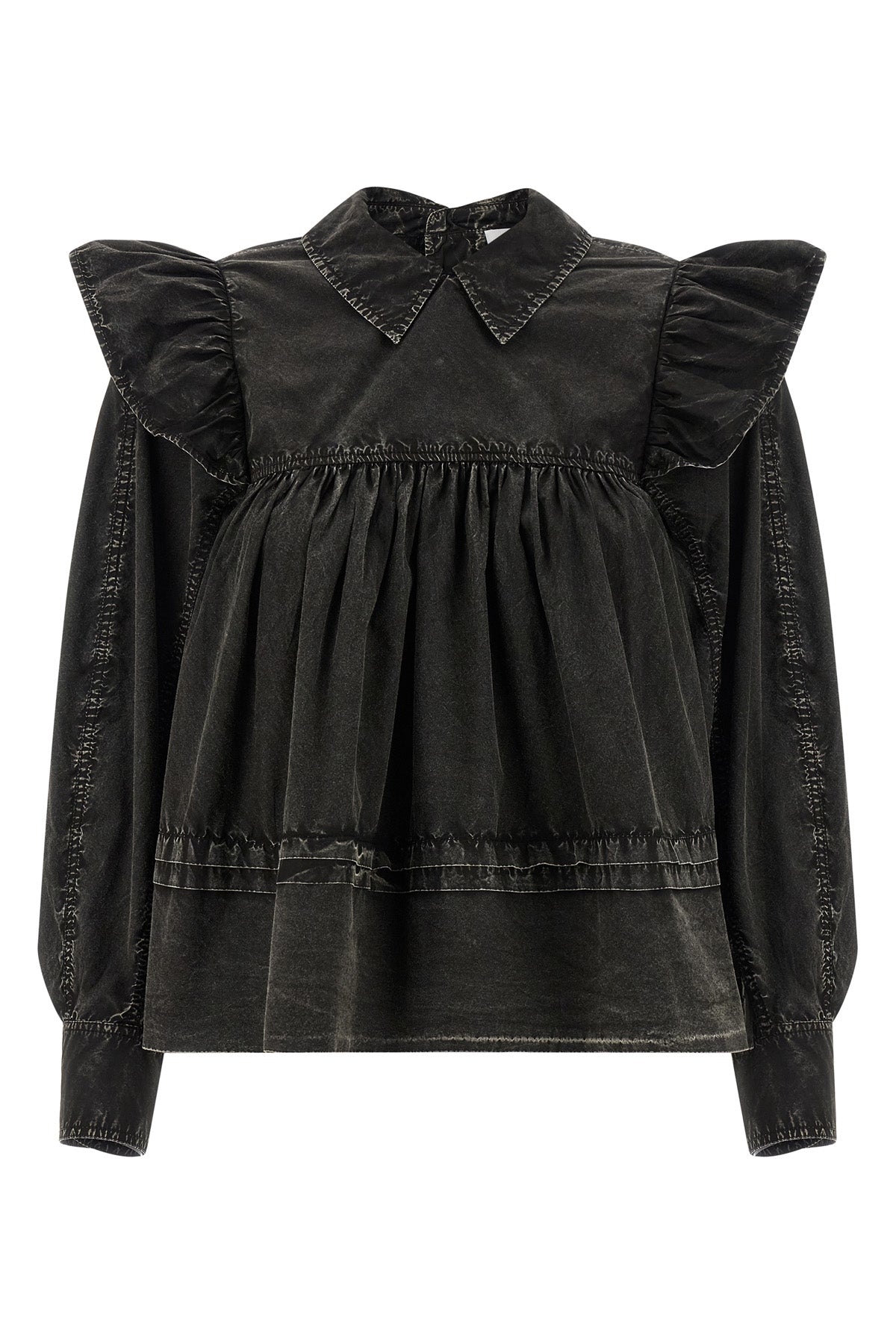 black washed frill cotton blouse dyed in a délavé effect garment