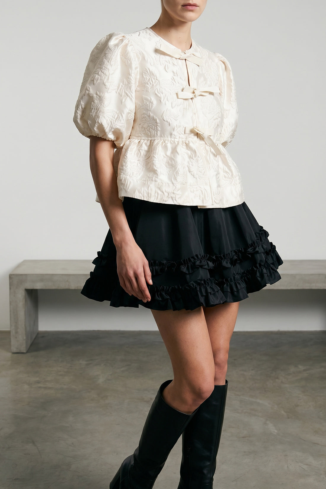 GANNI 34 satin peplum jacquard blouse