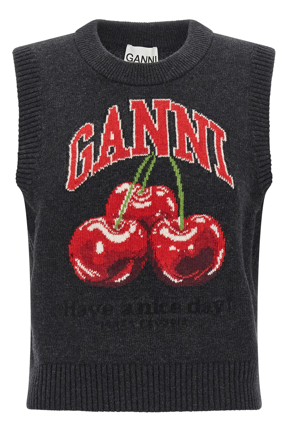 GANNI M cherry sleeveless vest in wool jacquard